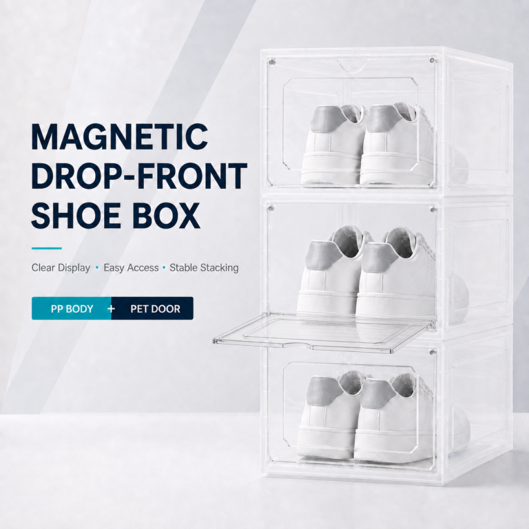 Front opening magnetic plastic shoe box for home storage