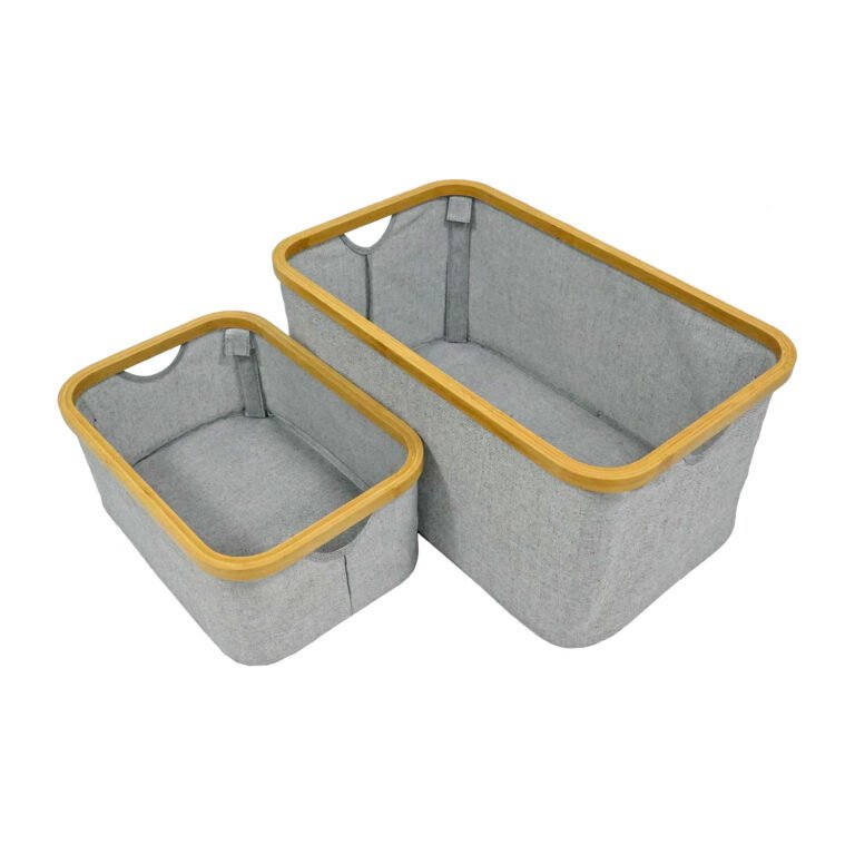Rectangular Fabric Storage Basket with Bamboo Rim and Handles